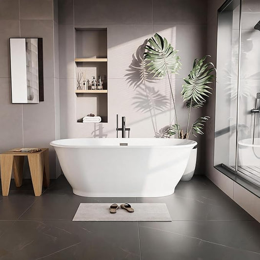 59" Oval Freestanding Bathtub, Acrylic Soaking Tub with Overflow, Matte Silver Drain, Modern Stand Alone Tub, Deep Free Standing Bath Tub for Bathroom, Hotel, Easy Install, CUPC Certified, White