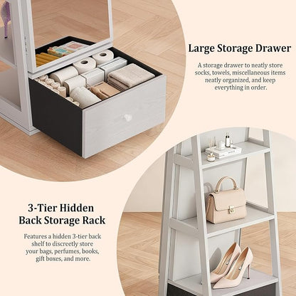 Rotatable 6 LEDs Jewelry Armoire With Drawer, White | 360°Swivel Jewelry Cabinet Standing with Full Length Mirror & Bottom Drawer & Makeup Mirror & 3 Back Rear Shelves & Lockable