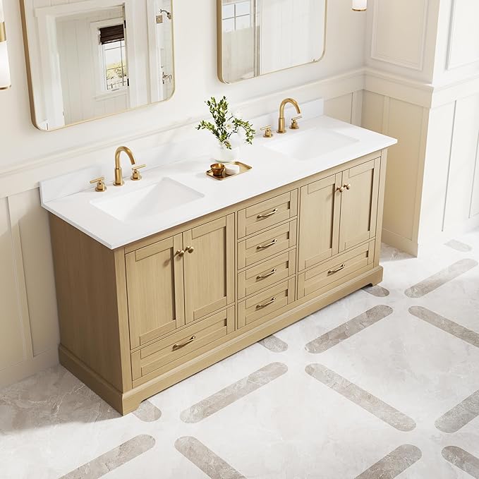WELLFOR 72 Inch Bathroom Vanity with Double Sinks, Solid Wood Bathroom Vanity W/4 Soft-Close Doors and 6 Drawers, Cultured Marble Countertop Bathroom Vanities W/Two Sinks (Oak)