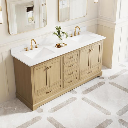 WELLFOR 72 Inch Bathroom Vanity with Double Sinks, Solid Wood Bathroom Vanity W/4 Soft-Close Doors and 6 Drawers, Cultured Marble Countertop Bathroom Vanities W/Two Sinks (Oak)