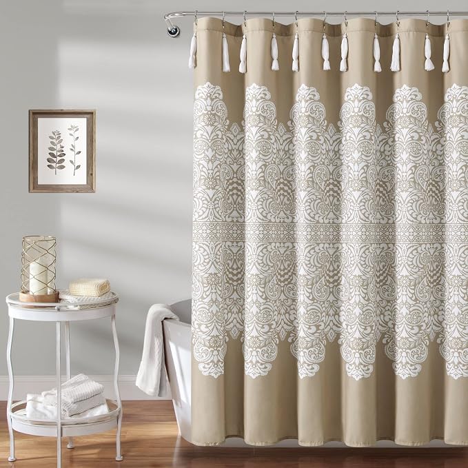 Lush Decor Boho Medallion Shower Curtain Single 72" W x 72" L Neutral - Boho Shower Curtains for Bathroom Decor - Beige Bathroom Curtain