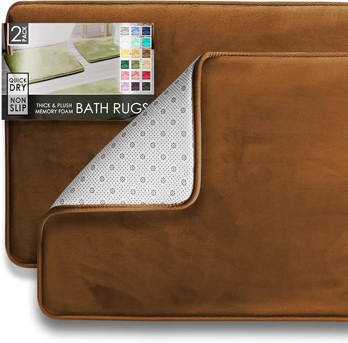 Clara Clark 2 Piece Bathroom Rugs Bath Mat Set, Velvet Memory Foam Bath Mats for Bathroom - Non-Slip, PVC Backing Bath Rugs, Washable - Dries Quickly, Brown
