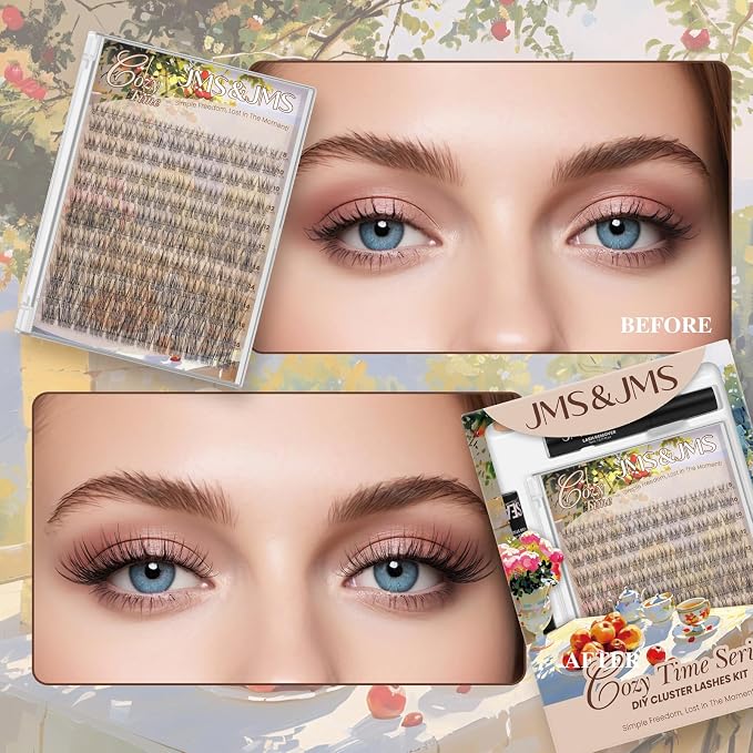 JMS&JMS Natural Look Lash Clusters Kit Wispy Eyelash Extension Kit | C Curl 8-16Mix Invisible Band Lashes Kit with Waterproof Lash Bond and Seal,Lash Remove DIY False Eyelashes at Home