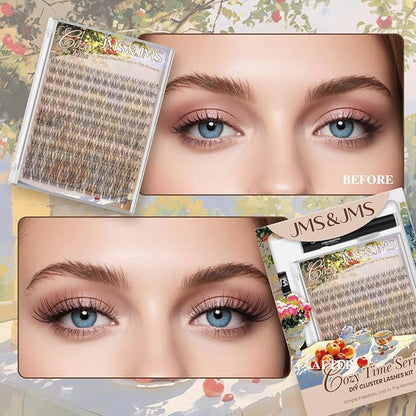 JMS&JMS Natural Look Lash Clusters Kit Wispy Eyelash Extension Kit | C Curl 8-16Mix Invisible Band Lashes Kit with Waterproof Lash Bond and Seal,Lash Remove DIY False Eyelashes at Home