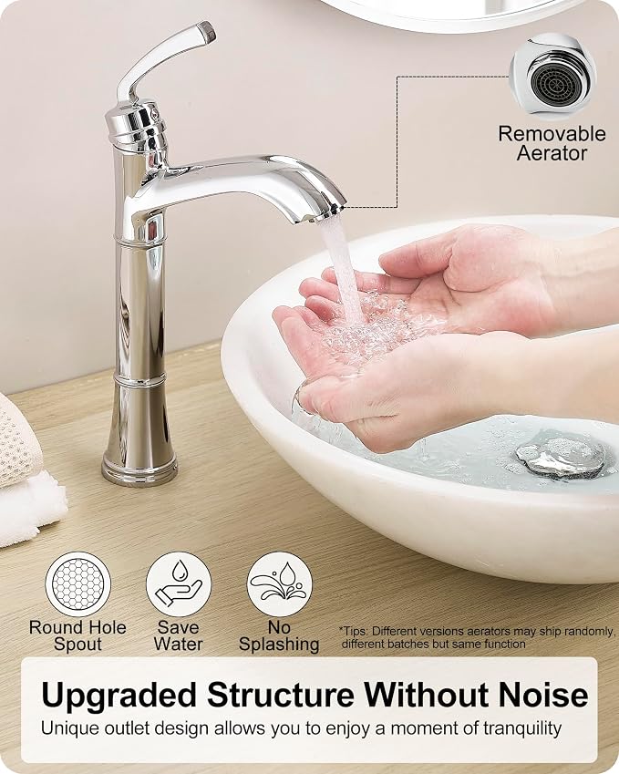 Tall Vessel Sink Faucet, Brass Bathroom Vessel Faucet, One Hole, Single Handle with Pop-Up Drain & Supply Water Hoses, No Leaks, Chrome