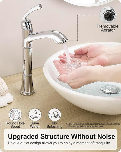 Tall Vessel Sink Faucet, Brass Bathroom Vessel Faucet, One Hole, Single Handle with Pop-Up Drain & Supply Water Hoses, No Leaks, Chrome