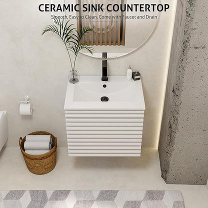 eclife 24" Floating Bathroom Vanity with Sink Combo Mid-Century Wall Mounted Cabinet with Wood Stripes Decor, Drawers, Undermount Single Sink, Faucet, Drain, Mixed White