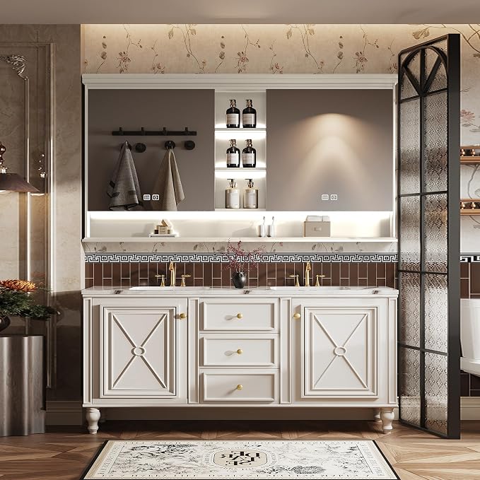 Double Sink Bathroom Vanity, Luxurious Bathroom Vanity with LED Smart Defog Mirror, Solid Freestanding Wood Vanity Sink Cabinet