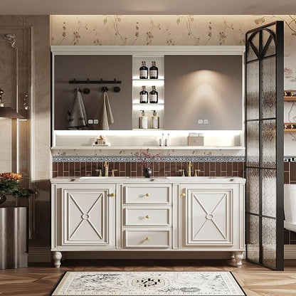 Double Sink Bathroom Vanity, Luxurious Bathroom Vanity with LED Smart Defog Mirror, Solid Freestanding Wood Vanity Sink Cabinet