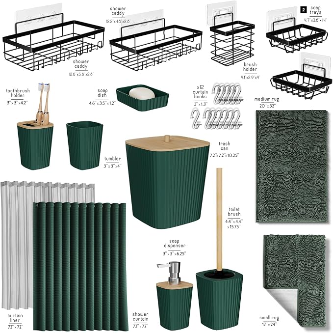 Clara Clark Bathroom Accessories Set - 27PC Bathroom Set with Adhesive Corner Shower Caddy Hanging, Bathroom Sets with Shower Curtain and Rugs, Hunter Green Shower Curtain Set with Bathroom Trash Can | 27 Piece Hunter Green Bathroom Sets with Shower Cu...