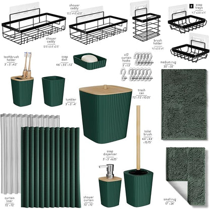 Clara Clark Bathroom Accessories Set - 27PC Bathroom Set with Adhesive Corner Shower Caddy Hanging, Bathroom Sets with Shower Curtain and Rugs, Hunter Green Shower Curtain Set with Bathroom Trash Can | 27 Piece Hunter Green Bathroom Sets with Shower Cu...
