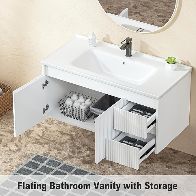 Floating Bathroom Vanity 40 Inch, Wall Mounted Bathroom Vanity with Ceramic Sink and 2 Drawers for Storage, Modern Wave-Carved Design Wooden Sink Cabinet, White