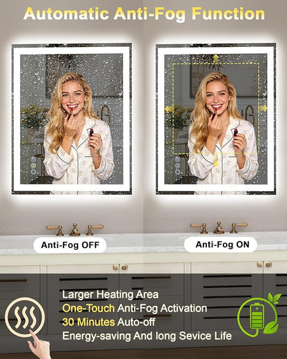 72x32 LED Bathroom Mirror, 6000LM, Separate Front and Back Lights | UL Certified,Shatter-Resistant Tempered Glass,Auto-Off Defogger,3 Color Modes,Smooth Dimming,Smart Memory Setting