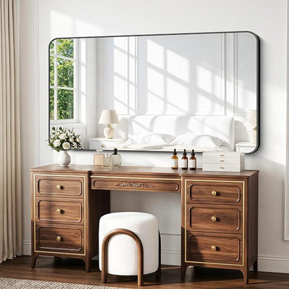 BONEWEI 66x30 inch Large Bathroom Mirror,Black Rectangle Mirror,Wall Mounted Bathroom Frame Vanity Mirror with Round Corner for Bedroom Living Room, Entryway Hangs Horizontal or Vertical