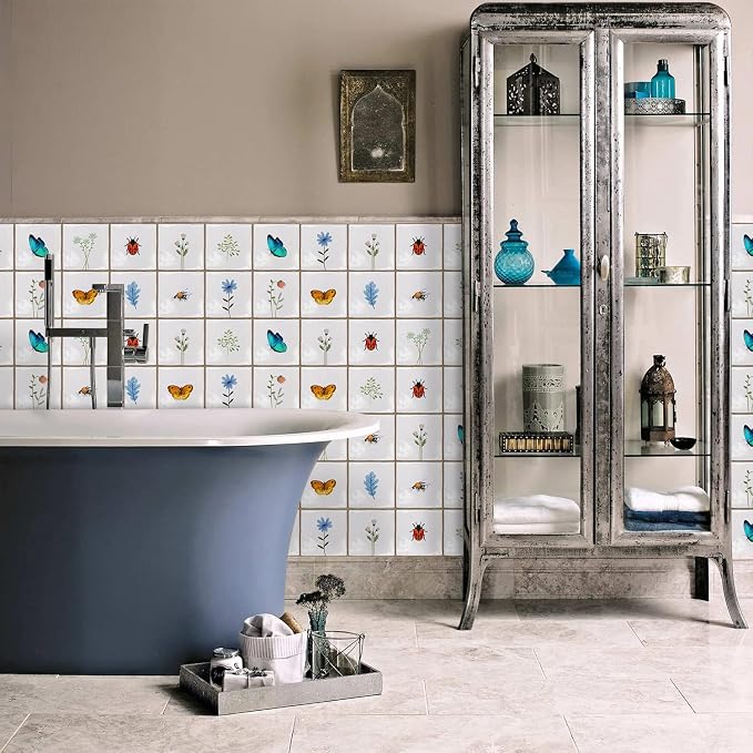 Alwayspon Vinyl Sticker Peel and Stick, Self-Adhesive Wall Tile Transfers Backsplash Sticker Decal for Kitchen Bathroom, 6x6inch/15x15cm 30Pcs, Insects and Plants T037