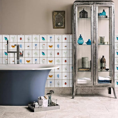Alwayspon Vinyl Sticker Peel and Stick, Self-Adhesive Wall Tile Transfers Backsplash Sticker Decal for Kitchen Bathroom, 6x6inch/15x15cm 30Pcs, Insects and Plants T037