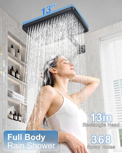 Matte Black 13-Inch Rainfall Shower System - Premium Shower Head & Handheld Sprayer, Complete Bathroom Set with Faucet Mixer Trim Kit & Valve