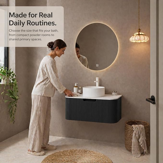 36 Inch Bathroom Vanity with Sink, Floating Wall Mounted Single Sink Vanity, Black Curved Fluted Front, Stone Top, Pure White Round Vessel Basin, Pre-Assembled