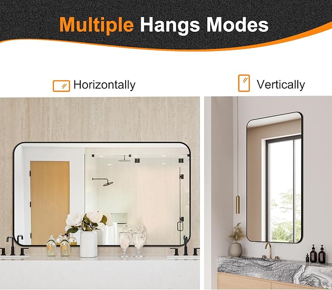 Bathroom Vanity Mirror, Black Framed Mirror for Over Sink, 50x30 | HD glass, distortion-free for makeup and grooming, Sturdy frame, all mounting hardware, hangs horizontal or vertical