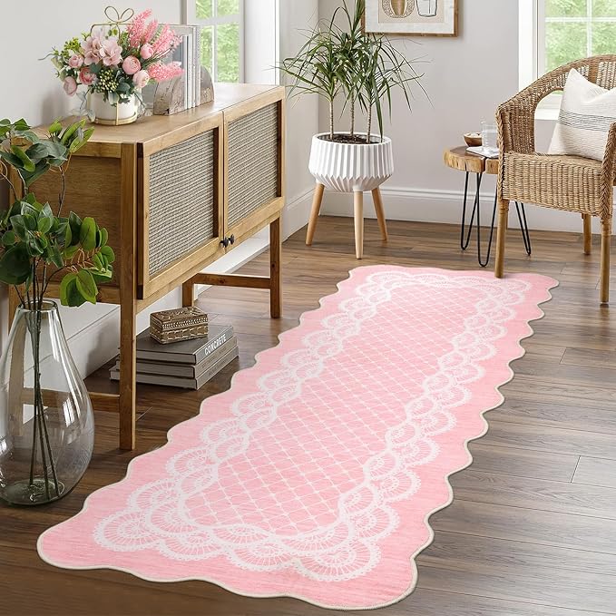 GarveeHome Washable Pink Rugs 2x6 Scalloped Kitchen Runner Rug Hallway, Non-Slip Bordered Bedside Rug, Non-Shedding Scalloped Carpet Runner for Laundry Room, Bedroom, Living Room, Pink
