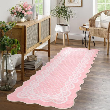 GarveeHome Washable Pink Rugs 2x6 Scalloped Kitchen Runner Rug Hallway, Non-Slip Bordered Bedside Rug, Non-Shedding Scalloped Carpet Runner for Laundry Room, Bedroom, Living Room, Pink