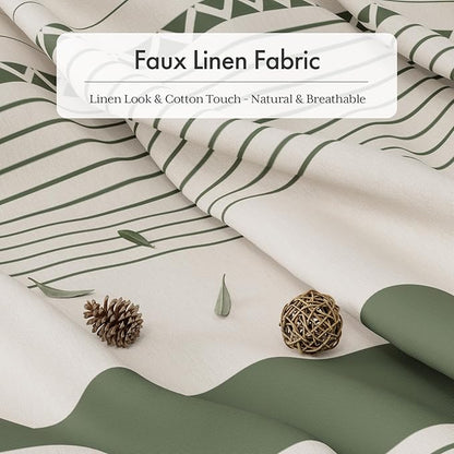 AmazerBath Boho Shower Curtain, Modern Farmhouse Shower Curtain Set with Tassels, Rustic Faux Linen Green Striped Shower Curtain with Hooks, Light Tan Toned, 72x72 Inches