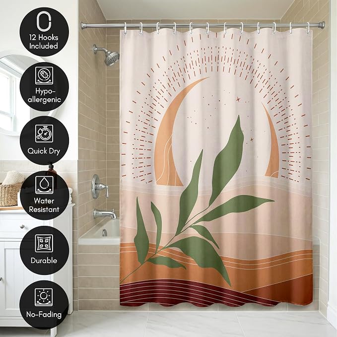 Americanflat 71x74 Boho Shower Curtain - Water-Resistant Long Shower Curtain with Durable Metal Grommets and 12 Hooks - 100% Polyester - Sage Green, Terracotta, Blush Pink and Rust Red