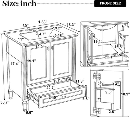 Merax 30 Inch Bathroom Vanities with Undermount Sink, Vanity Cabinet with Door Rack Shelf, Multi-Functional Drawer with Dividers, Soft Closing Doors, White