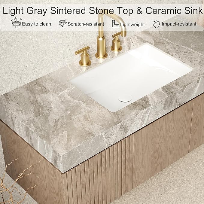 Ambrovina 30" Floating Bathroom Vanity with Sink, Modern Plywood Bathroom Storage Cabinet with Drawer and Door, Gray Sintered Stone Countertop and 3 Pre-drilled Faucet Holes Ceramic Basin, Light Brown