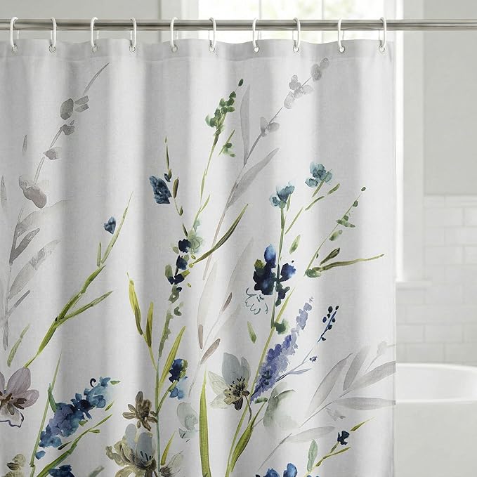 Americanflat 71x74 Floral Shower Curtain - Water-Resistant Long Shower Curtain with Durable Metal Grommets and 12 Hooks - 100% Polyester - Botanical Bathroom Curtains - Blue, Green, Taupe and White