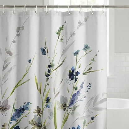Americanflat 71x74 Floral Shower Curtain - Water-Resistant Long Shower Curtain with Durable Metal Grommets and 12 Hooks - 100% Polyester - Botanical Bathroom Curtains - Blue, Green, Taupe and White