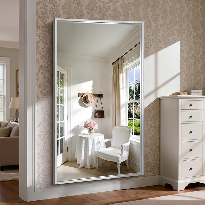 CIRCUMI 72"x40" Brushed Silver Bathroom Mirror, Double Sink Vanity Mirror | Chunky Box Metal Frame, Shatterproof, Tempered Glass, Bathroom Remodel&New Home, Large Rectangular Mirror for Living Room