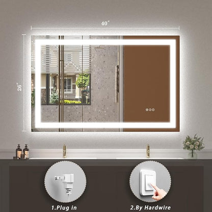 40x26 LED Lighted Bathroom Mirror for Vanity Wall | Front Light and Backlit, Anti-Fog, Memory, 3 Color, Tempered Glass, Dimmable, Rectangular, UL, Horizontal/ Vertical Mounted
