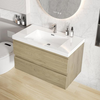 36 Inch Floating Bathroom Vanity with Sink, Large Storage Wall Mounted Floating Vanity with Soft Close Drawers, One-Piece Basin Bathroom Sink Cabinet (Natural Oak, 36")