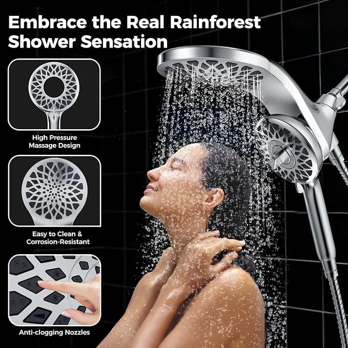 High Pressure Rain Shower Head with Handheld Spray Combo | Detachable Dual Shower Head with 10 Sprays Modes - Upgrade Knob Spray Mode Selector and Magnetic Guidance Docking System
