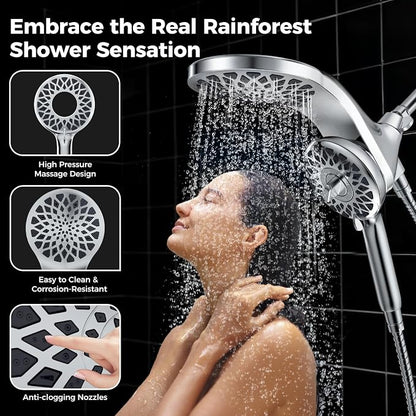 High Pressure Rain Shower Head with Handheld Spray Combo | Detachable Dual Shower Head with 10 Sprays Modes - Upgrade Knob Spray Mode Selector and Magnetic Guidance Docking System