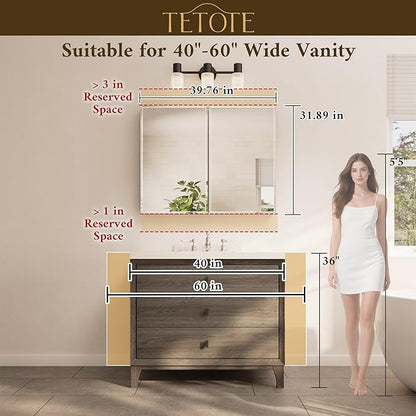 TETOTE 40 x 32 Medicine Cabinet with Tempered Beveled Mirror White Bathroom Mirror with Storage Aluminum Cabinet DTC Hinges, Stepless Adjustable Shelves, Recessed/Surface-Mounted