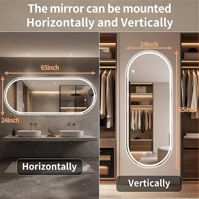 Oval LED Bathroom Mirror, 24"x 65" Led Full Length Mirror | Frameless Large LED Mirror with Front Light & Backlit, Anti-Fog, Dimmable Wall Mounted Lighted Mirror, Smart Bathroom Mirror