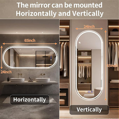 Oval LED Bathroom Mirror, 24"x 65" Led Full Length Mirror | Frameless Large LED Mirror with Front Light & Backlit, Anti-Fog, Dimmable Wall Mounted Lighted Mirror, Smart Bathroom Mirror