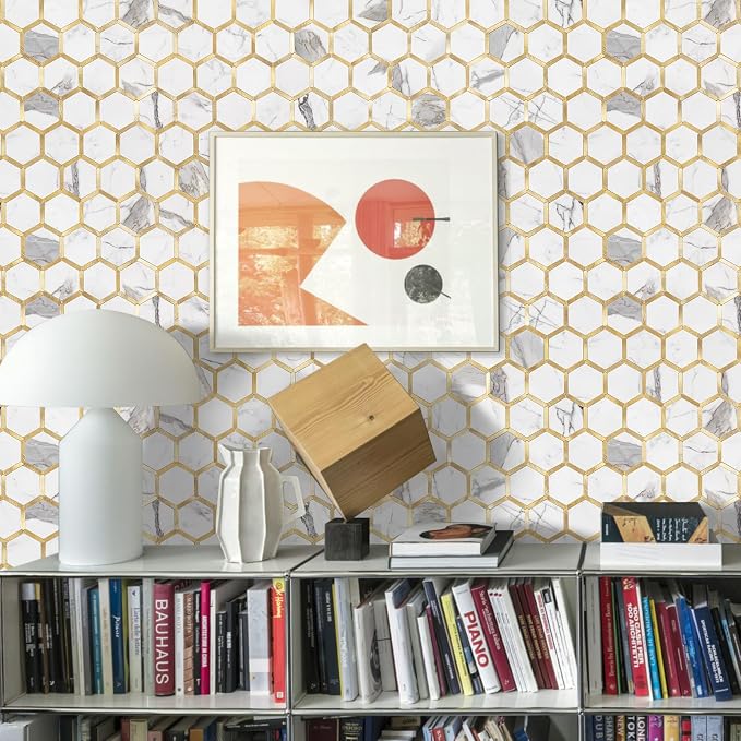 STICKGOO Hexagon Peel and Stick Backsplash Tile, Stick on Backsplash for Kitchen and Bathroom, Glossy Carrara White PVC Mixed Metal Gold Self Adhesive Wall Tiles(10 Sheets, Seamless)