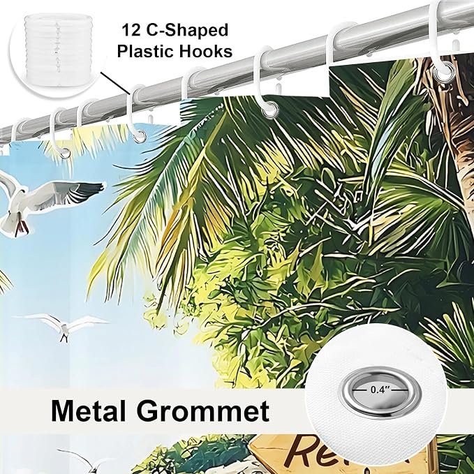Beach Summer Luxury Shower Curtain Rustic Ocean Palm Tree Inspirational | Nature Shower Curtains for Bathroom, Waterproof Bath Curtain with Hooks Machine Washable Bathtub Curtains 72x84 Inch Green