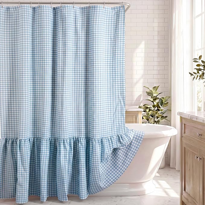 HunnmingRe Ruffle Hem Gingham Shower Curtain Light Blue | 72'' x 72'' Vintage Farmhouse Curtain, Cotton Cottage Core Rural Checkered Plaid Decor, Fall Shower Curtain for Bathroom