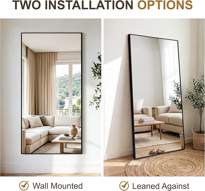 Rectangular Bathroom Mirror, 60"x30" Black Metal Framed Vanity Mirror | HD Shatterproof Wall Mirror, Horizontal or Vertical Hanging, Easy Installation for Bathroom, Bedroom, Living Room, Entryway