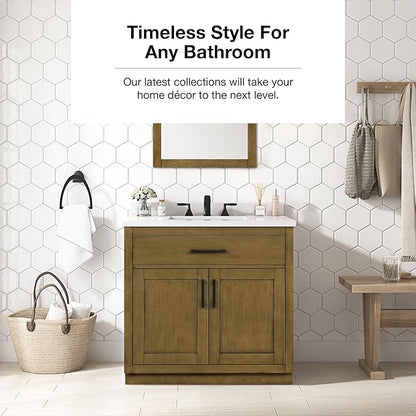 OVE Decors Bailey 36 in. Single Sink Freestanding Almond Latte Bathroom Vanity with White Quartz Top and Matching Backsplash
