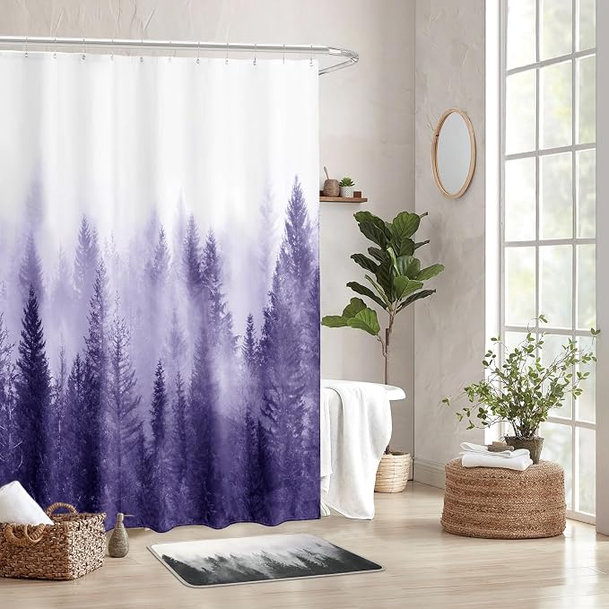 ORTIGIA Purple Misty Forest Shower Curtain for Bathroom, Nature Woodland Shower Curtain Set with Hooks, Decorative Pine Tree Fog Magic Bath Curtain for Home, Waterproof Fabric, Weighted, 72x72