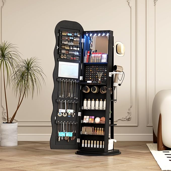 Vlsrka 360° Swivel Jewelry Armoire with Full Length Wave Mirror, Black | Lockable Mirror Jewelry Cabinet Standing, Interior LED Makeup Mirror, Foldable Shelf, Large Capacity, Gift for Women, Girls