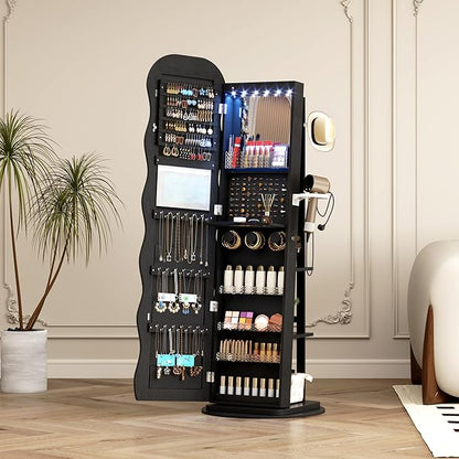 Vlsrka 360° Swivel Jewelry Armoire with Full Length Wave Mirror, Black | Lockable Mirror Jewelry Cabinet Standing, Interior LED Makeup Mirror, Foldable Shelf, Large Capacity, Gift for Women, Girls