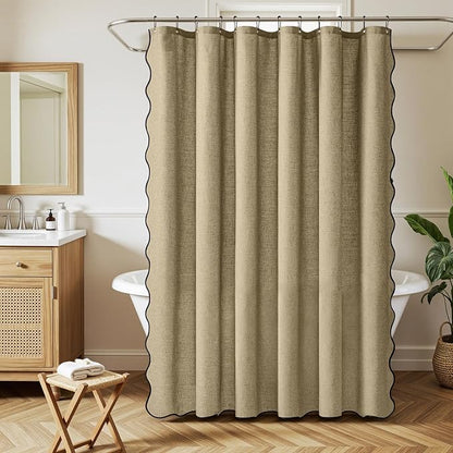 MIULEE 84" Long Khaki Scalloped Linen Shower Curtain 72W x 84L | 12 metal hooks, Linen scalloped, waterproof washable, thick heavy cloth, black border, boho farmhouse, bathroom hotel use