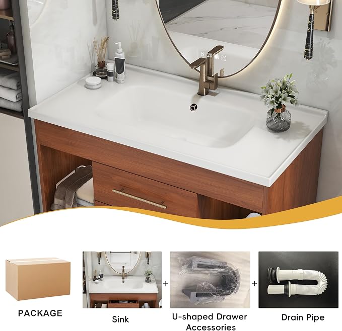 KEIKI 35.4" Mid-Century Modern Single Bathroom Vanity Integrated Ceramic Undermount Sink, Oak Freestanding Soft-Close Vanity Drawers & Door, Large Single Bath Storage Vanity Sink, Walnut