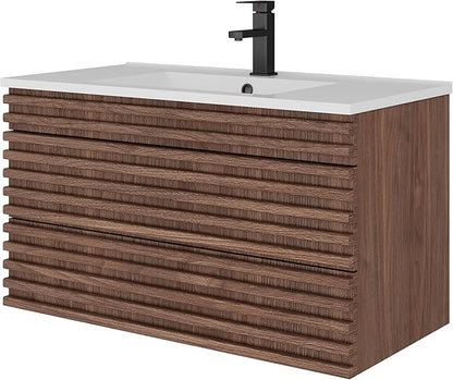 LUCKWIND 36" Floating Bathroom Vanity with Sink, Mid-Century Wall Mounted Big Drawer Cabinet with Large Sink, Water Saving Faucet and Wood Stripes Style, Walnut